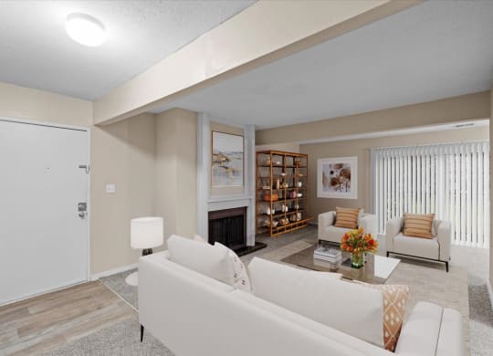 A spacious living room with a fireplace and patio entrance with a sliding glass door and vertical blinds.