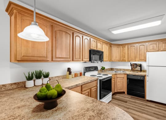 a kitchen with wooden cabinets and a granite counter top