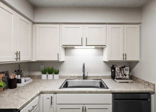A kitchen with a sink and a coffee maker.