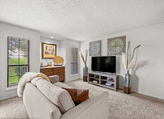A living room with a couch, a television, and a vase.