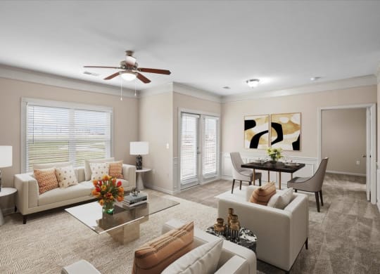 A licving room with a ceiling fan, lots of windows for natural lighting, crown molding and a dining area.