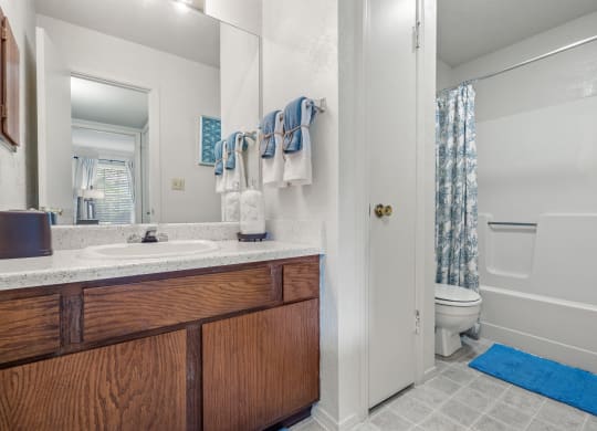 a bathroom with a sink toilet and shower at Pebblebrook, Overland Park, 66212