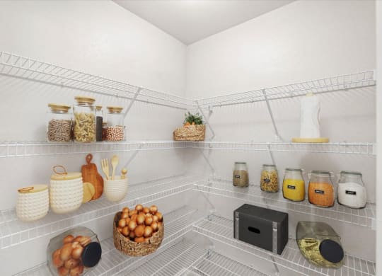 A spacious kitchen pantry with wire wrack shelving.