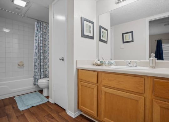 a bathroom with a toilet sink and shower at Creekview Apartment Homes, Texas