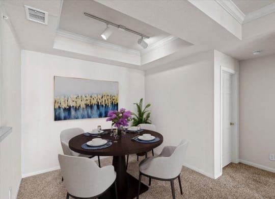 A dining area with track lighting and a storage closet.