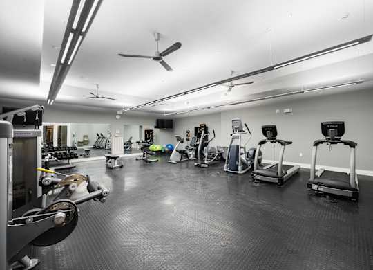 Spacious fitness center at West 39th Street Apartments featuring treadmills, ellipticals, recumbent bikes, free weights, and large wall mirrors at West 39th Street Apartments, Kansas City, MO