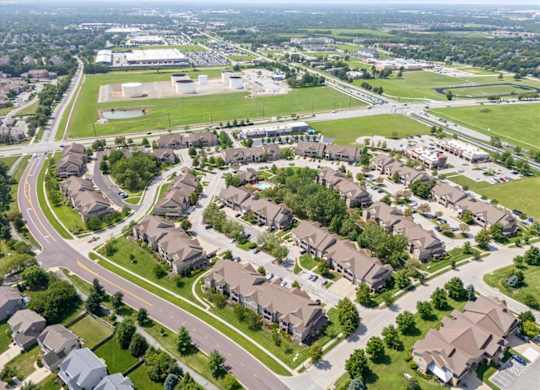 Aerial view of the neighborhood at Stonepost Ranch Apartments, Kansas, 66221