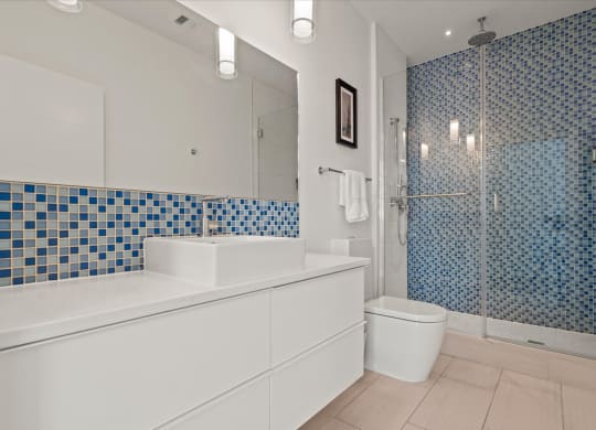 a bathroom with a blue and white tiled wall