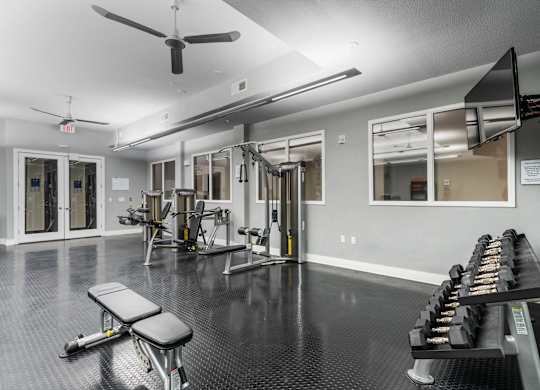 Free weights, strength machines, and mounted TV in fitness center at West 39th Street Apartments, Missouri, 64111