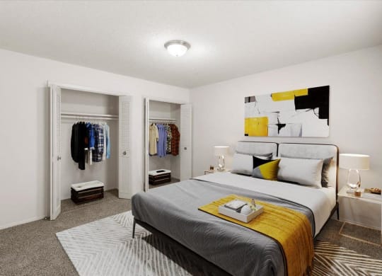 a bedroom with a bed and a closet