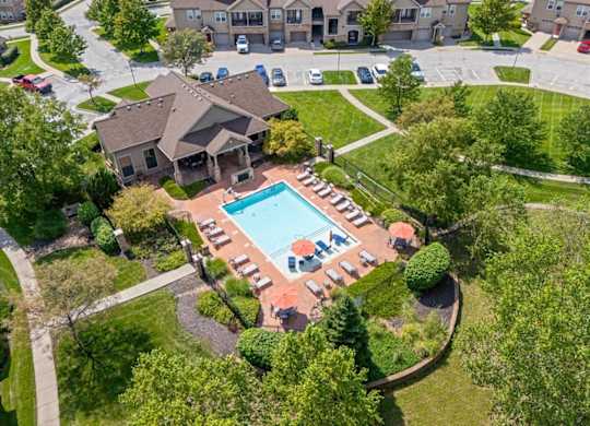 Aerial view of swimming pool at Stonepost Ranch Apartments, Overland Park, KS