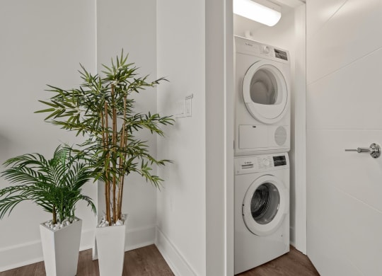 a white washer and dryer in a white laundry room
