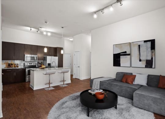 a living room with a couch and a table