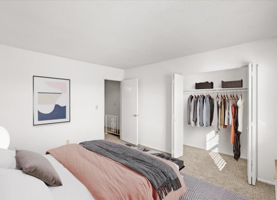 a bedroom with a bed and a closet