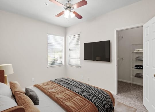 A bedroom with a ceiling fan and large walk in closet.
