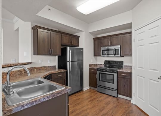 A kitchen with stainless steel appliances and dark wood storage cabinetry.