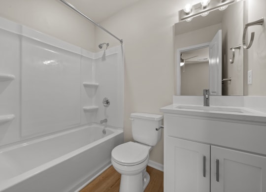 a bathroom with a shower toilet and sink and a mirror