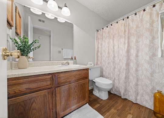 A bathroom with a wooden vanity and a shower curtain.