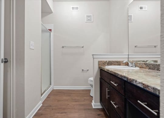 A master bathroom with a sliding glass door shower and a vanity with a large mirror and storage cabinets under the sink.