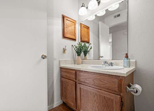 A bathroom with a wooden vanity and a mirror.