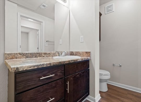 A secondary bathroom with a vanity mirror, lots of counter space, and storage cabinets and drawers under the sink.