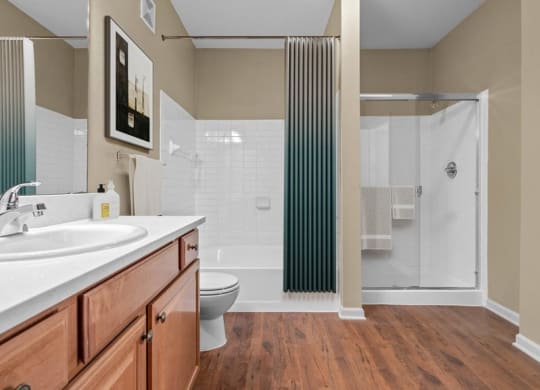 A bathroom with quartz countertops, storage cabinets, a garden bath tub and shower