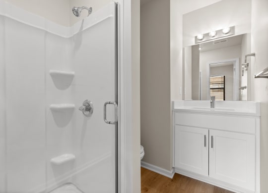 a bathroom with a shower and a sink and a mirror