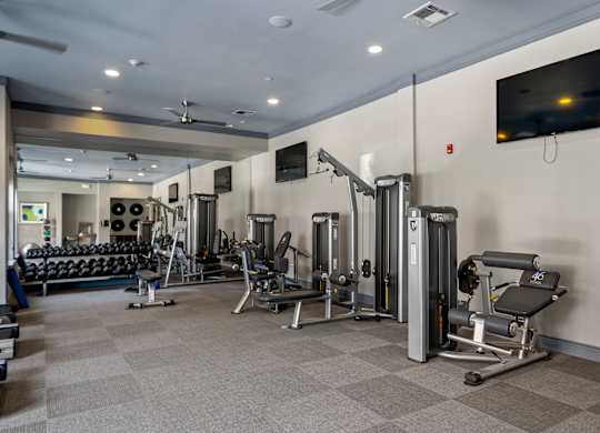 A well-equipped gym with a variety of machines and weights.
