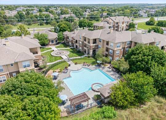Aerial Pool View at Stonepost Lakeside Apartment Homes, Olathe
