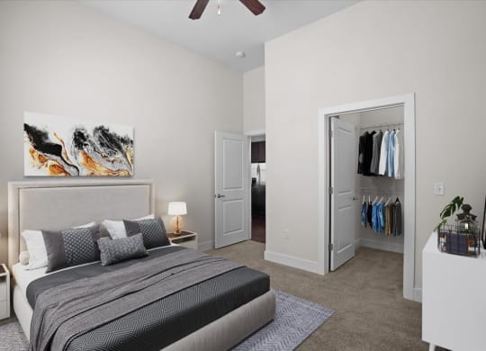 a bedroom with a bed and a closet