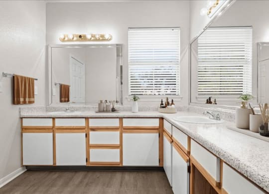 A large bathroom with a ton of counter space and under the sink storage.