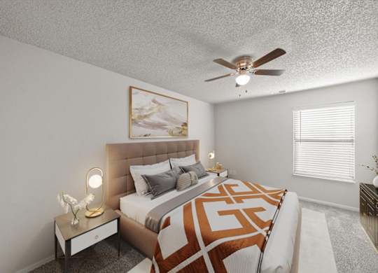 A bedroom with a bed, a nightstand with a lamp, and a painting on the wall.