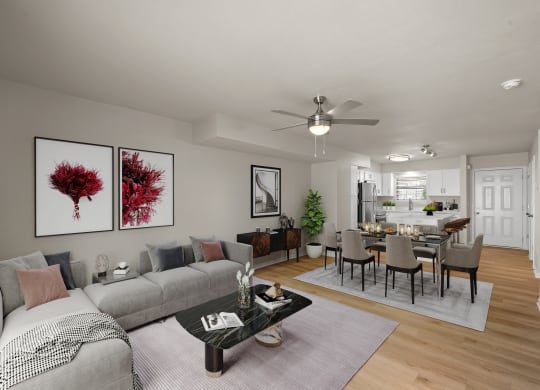 a living room and dining room with a couch and a table