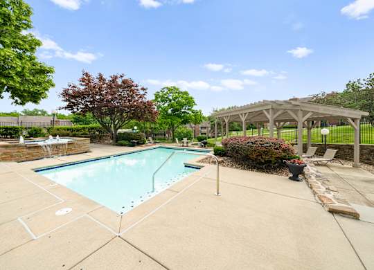 A pool surrounded by a patio and trees.