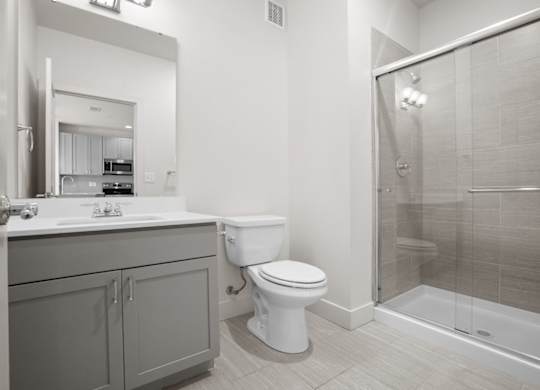A large bathroom with modern finishes and a sliding glass door walk-in shower.