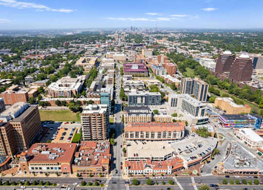 An aerial view of the city in Kansas City, MO