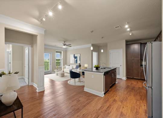 Spacious Kitchen and living room at The Residences at Bluhawk Apartments, Overland Park, KS, 66085