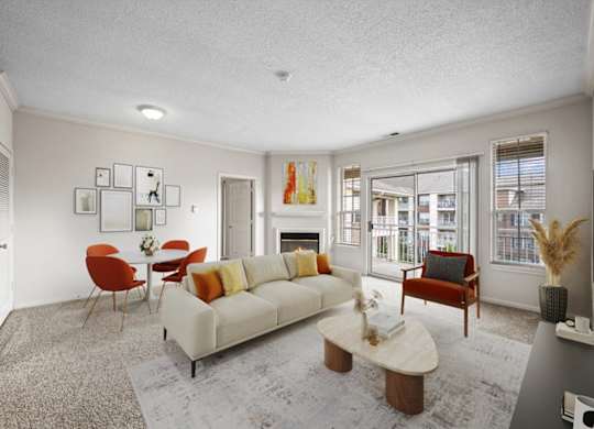 Living Area With Dining View at The Claremont Apartment Homes, Overland Park Kansas