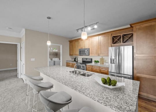 a kitchen with a granite counter top