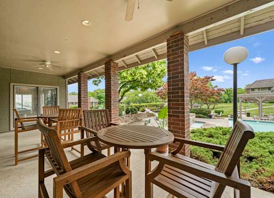 A patio with a table and chairs overlooking a pool.