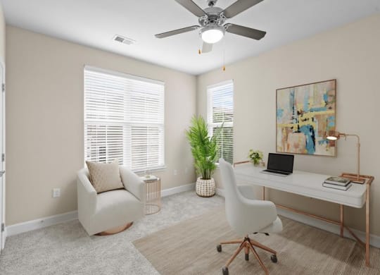 a room with a desk and a chair and a ceiling fan