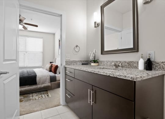 a bathroom with a sink and a mirror and a bedroom