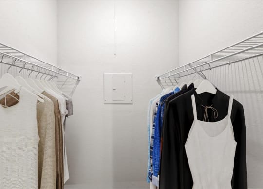 a small walk in closet with white walls and a white light switch on the wall at Creekview Apartment Homes, Dallas, TX