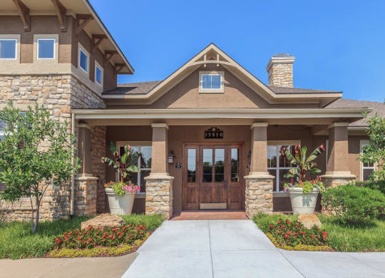 The entrance to leasing office and clubhouse at Stonepost Lakeside Apartments in Olathe.