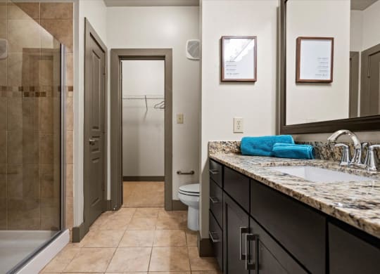 a bathroom with a shower toilet and sink
