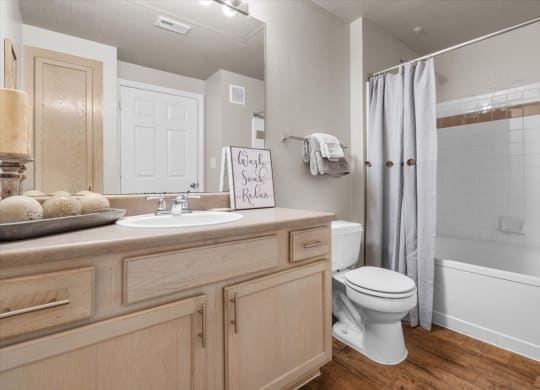 a bathroom with a sink toilet and shower at The Clairborne Apartment Homes, Grand Prairie, TX, 75050