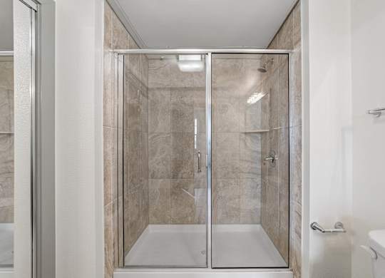 A modern bathroom with a walk-in shower.
