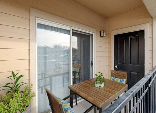An enclosed private patio with a storage closet.