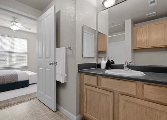 A master bathroom with a large vanity mirror and storage cabinets and drawers under the sink.