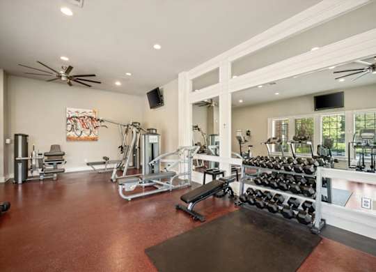 A gym with a variety of equipment including weights and cardio machines.